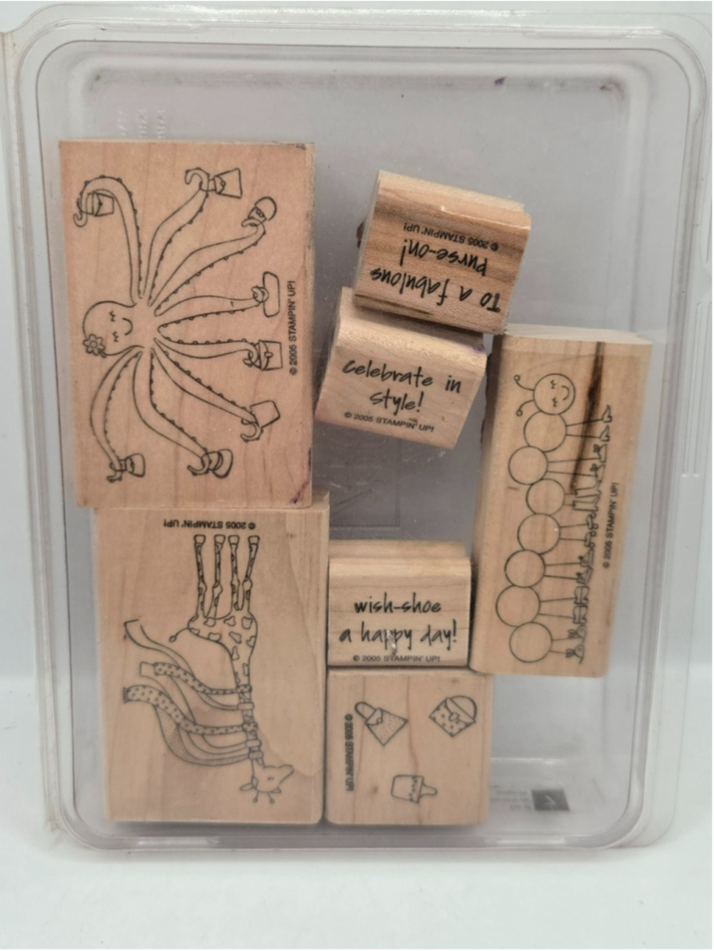 Stampin Up Celebrate In Style Stamp Set 7 Wood Mounted Rubber Vintage 2005 Retir